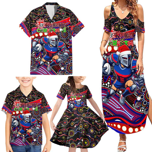 Merry Christmas Newcastle Knights Family Matching Summer Maxi Dress and Hawaiian Shirt Aboriginal Santa Rugby Mascot - Novocastrians