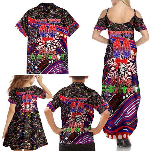 Merry Christmas Newcastle Knights Family Matching Summer Maxi Dress and Hawaiian Shirt Aboriginal Santa Rugby Mascot - Novocastrians