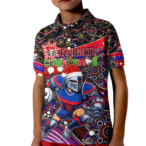Merry Christmas Newcastle Knights Kid Polo Shirt Aboriginal Santa Rugby Mascot - Novocastrians