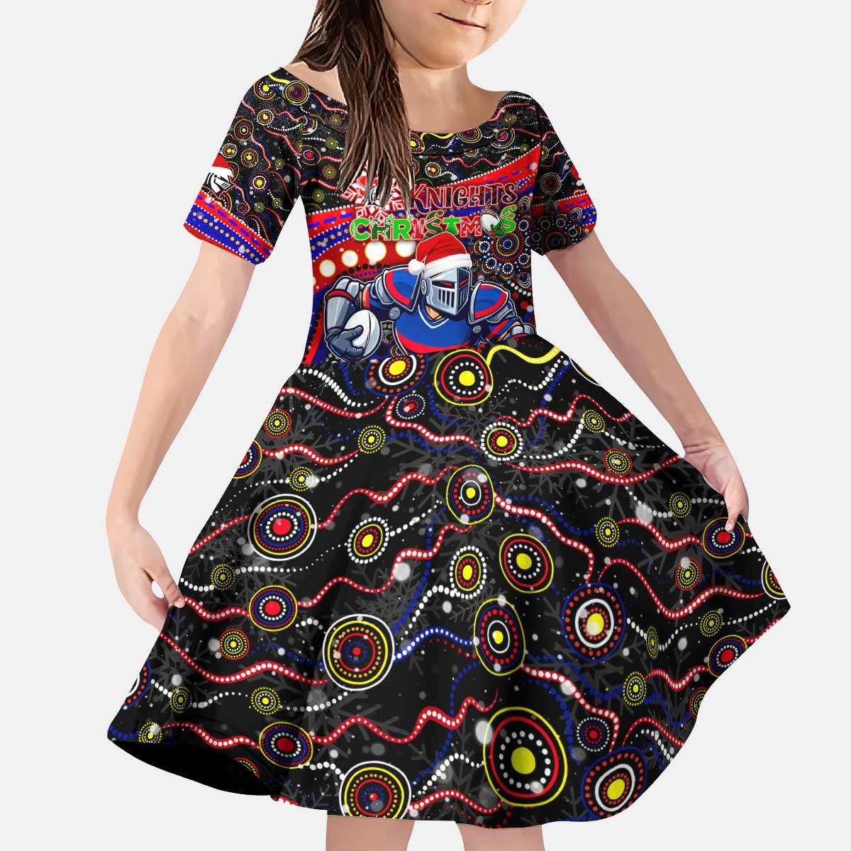Merry Christmas Newcastle Knights Kid Short Sleeve Dress Aboriginal Santa Rugby Mascot - Novocastrians