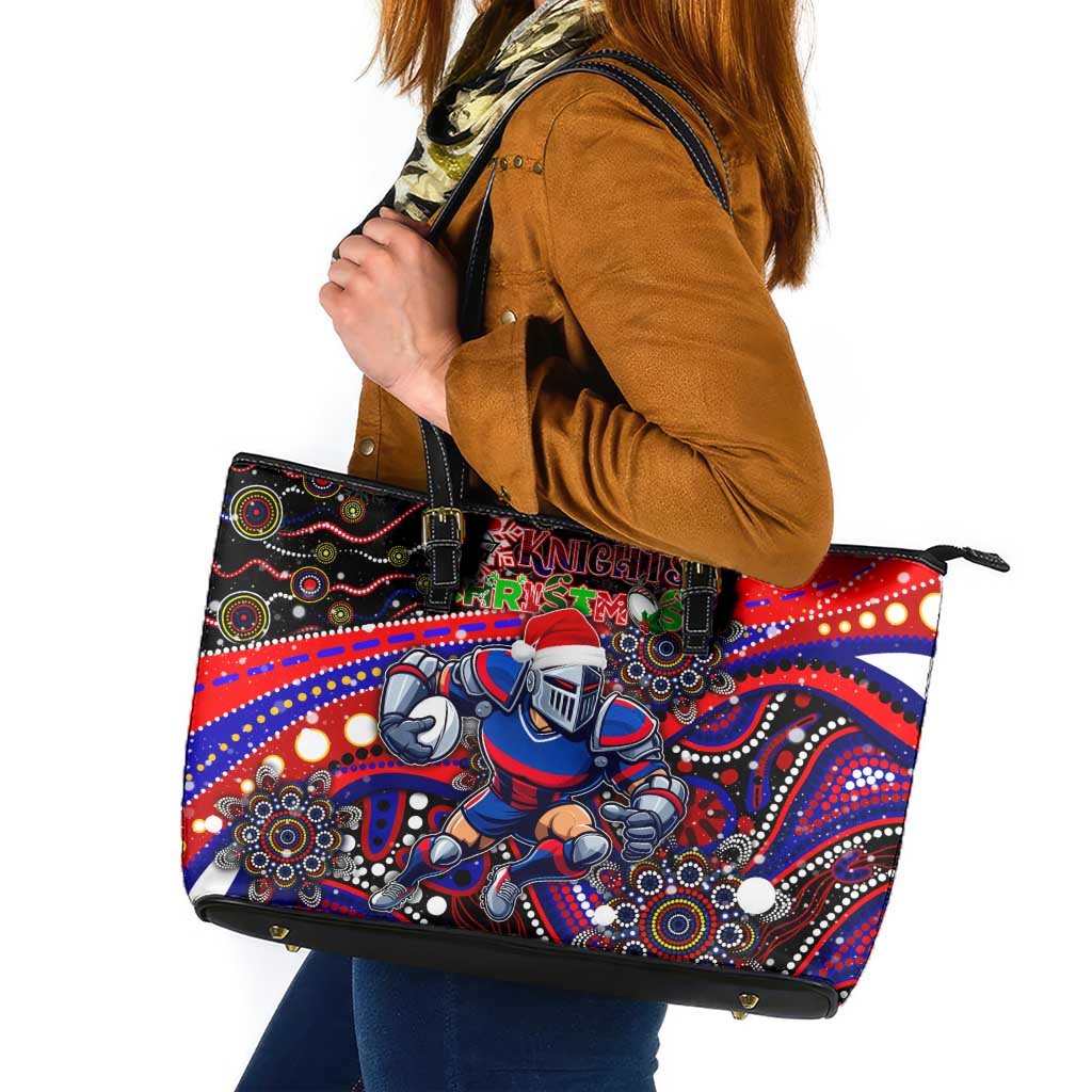 Merry Christmas Newcastle Knights Leather Tote Bag Aboriginal Santa Rugby Mascot - Novocastrians