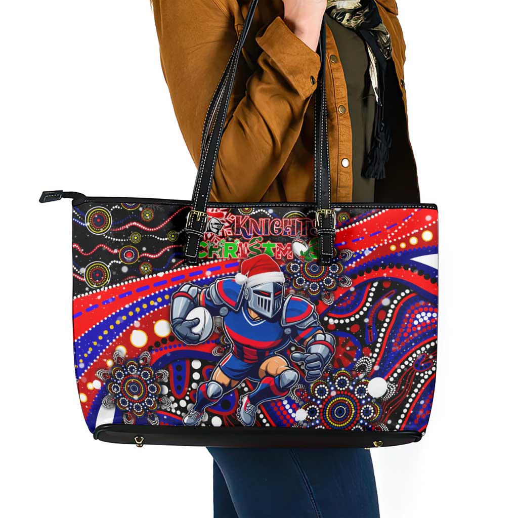 Merry Christmas Newcastle Knights Leather Tote Bag Aboriginal Santa Rugby Mascot - Novocastrians