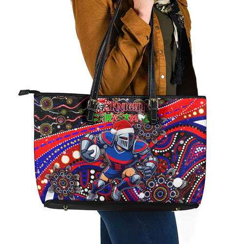Merry Christmas Newcastle Knights Leather Tote Bag Aboriginal Santa Rugby Mascot - Novocastrians
