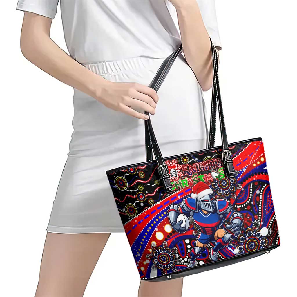 Merry Christmas Newcastle Knights Leather Tote Bag Aboriginal Santa Rugby Mascot - Novocastrians
