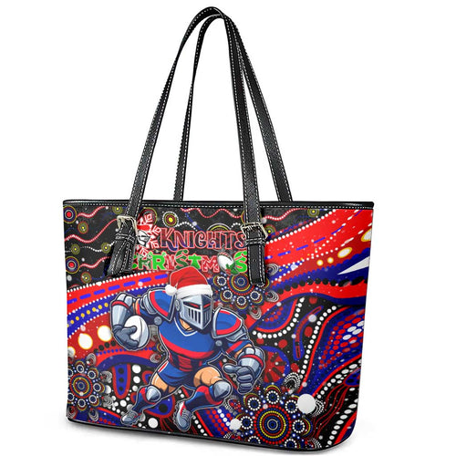 Merry Christmas Newcastle Knights Leather Tote Bag Aboriginal Santa Rugby Mascot - Novocastrians