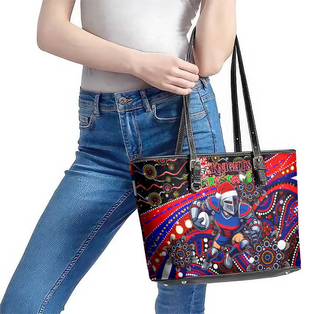 Merry Christmas Newcastle Knights Leather Tote Bag Aboriginal Santa Rugby Mascot - Novocastrians