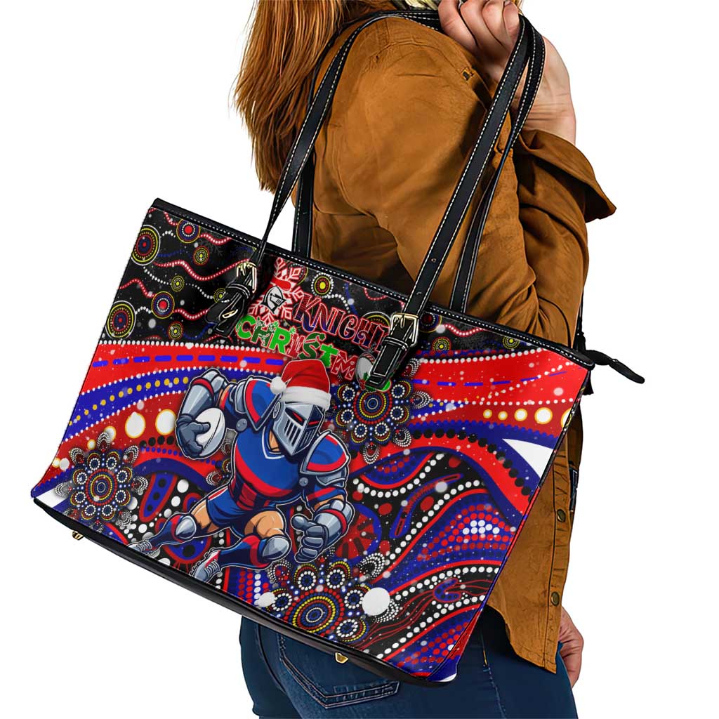 Merry Christmas Newcastle Knights Leather Tote Bag Aboriginal Santa Rugby Mascot - Novocastrians