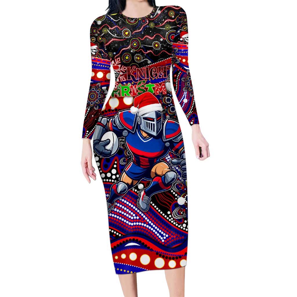 Merry Christmas Newcastle Knights Long Sleeve Bodycon Dress Aboriginal Santa Rugby Mascot - Novocastrians