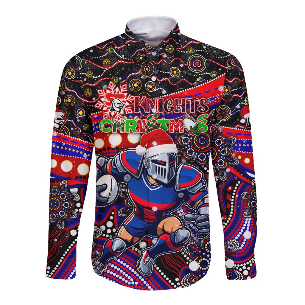 Merry Christmas Newcastle Knights Long Sleeve Button Shirt Aboriginal Santa Rugby Mascot - Novocastrians