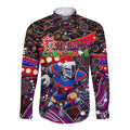 Merry Christmas Newcastle Knights Long Sleeve Button Shirt Aboriginal Santa Rugby Mascot - Novocastrians