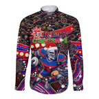 Merry Christmas Newcastle Knights Long Sleeve Button Shirt Aboriginal Santa Rugby Mascot - Novocastrians