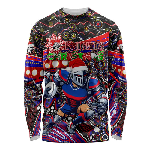 Merry Christmas Newcastle Knights Long Sleeve Shirt Aboriginal Santa Rugby Mascot - Novocastrians