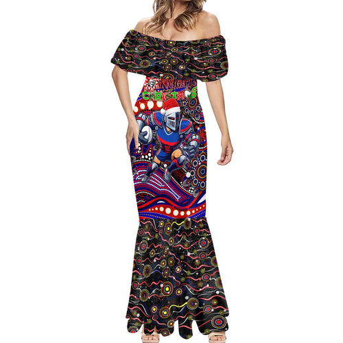 Merry Christmas Newcastle Knights Mermaid Dress Aboriginal Santa Rugby Mascot - Novocastrians