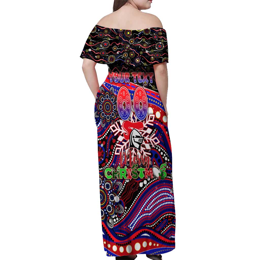 Merry Christmas Newcastle Knights Off Shoulder Maxi Dress Aboriginal Santa Rugby Mascot - Novocastrians