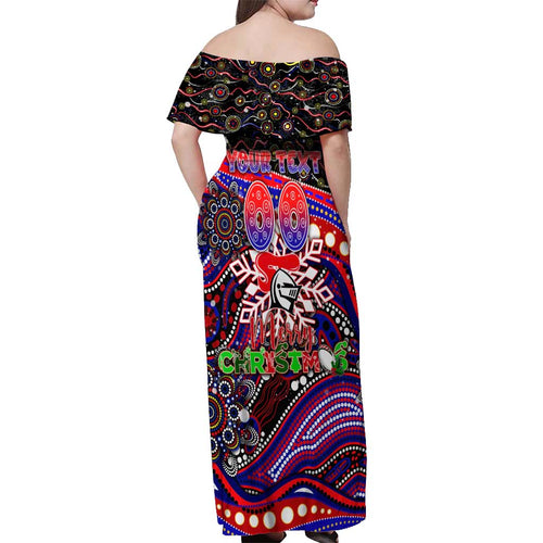 Merry Christmas Newcastle Knights Off Shoulder Maxi Dress Aboriginal Santa Rugby Mascot - Novocastrians
