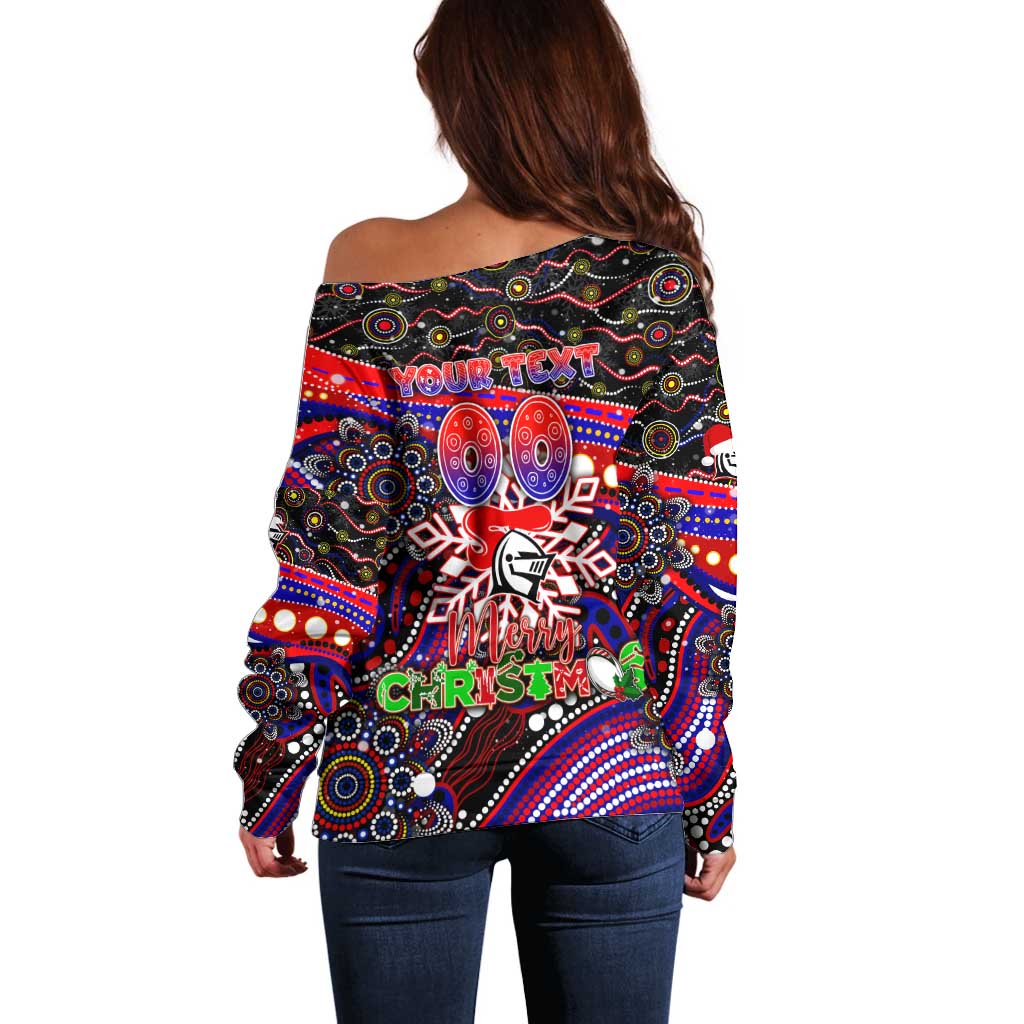 Merry Christmas Newcastle Knights Off Shoulder Sweater Aboriginal Santa Rugby Mascot - Novocastrians