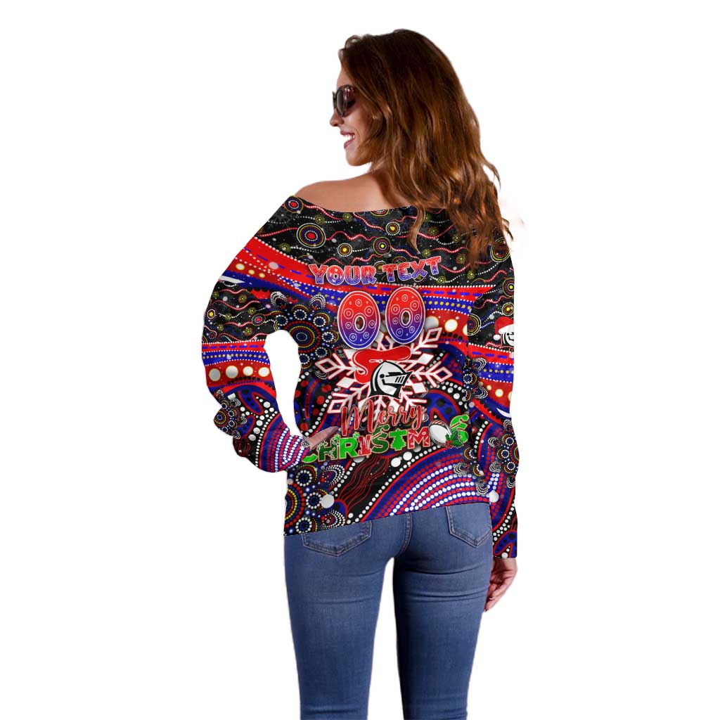 Merry Christmas Newcastle Knights Off Shoulder Sweater Aboriginal Santa Rugby Mascot - Novocastrians