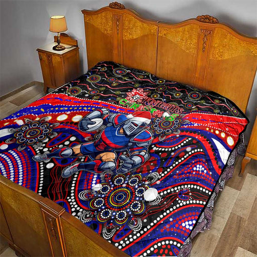 Merry Christmas Newcastle Knights Quilt Aboriginal Santa Rugby Mascot - Novocastrians