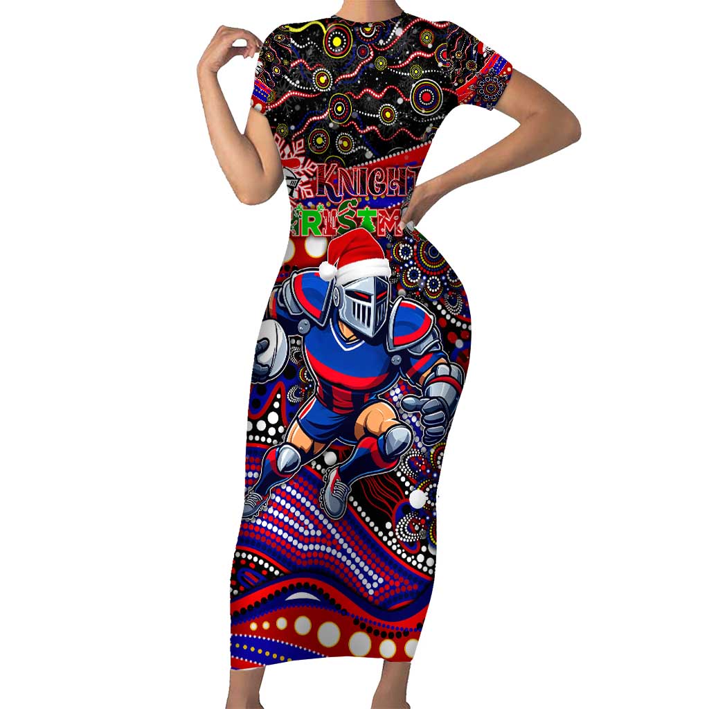 Merry Christmas Newcastle Knights Short Sleeve Bodycon Dress Aboriginal Santa Rugby Mascot - Novocastrians