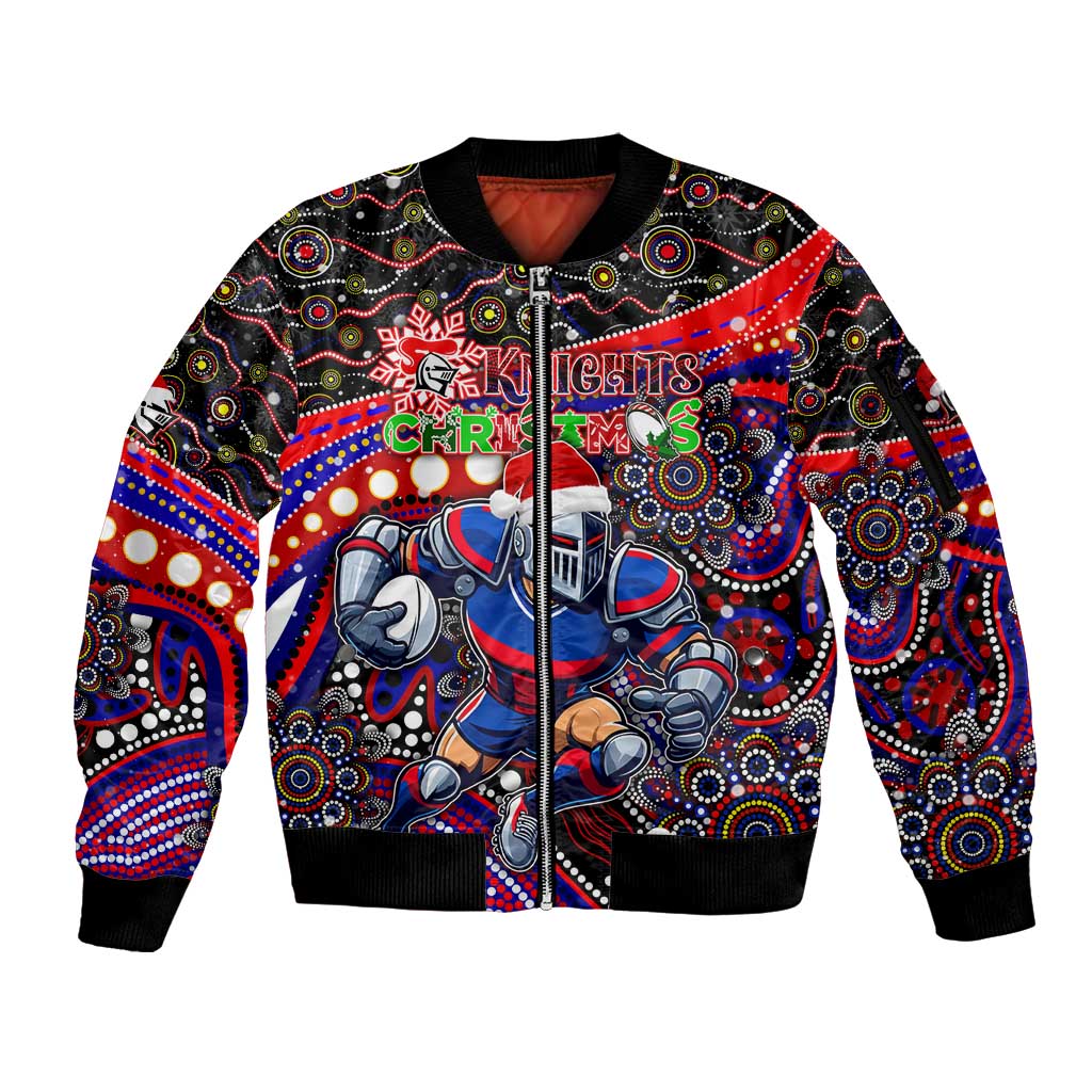 Merry Christmas Newcastle Knights Sleeve Zip Bomber Jacket Aboriginal Santa Rugby Mascot - Novocastrians