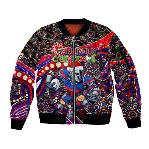 Merry Christmas Newcastle Knights Sleeve Zip Bomber Jacket Aboriginal Santa Rugby Mascot - Novocastrians