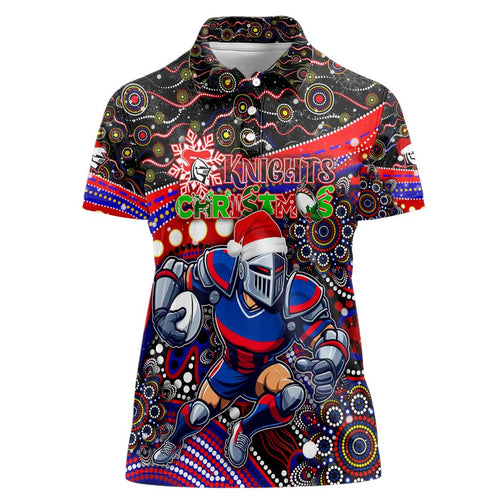 Merry Christmas Newcastle Knights Women Polo Shirt Aboriginal Santa Rugby Mascot - Novocastrians
