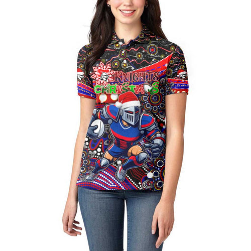 Merry Christmas Newcastle Knights Women Polo Shirt Aboriginal Santa Rugby Mascot - Novocastrians