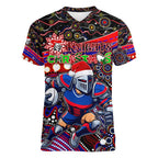 Merry Christmas Newcastle Knights Women V-Neck T-Shirt Aboriginal Santa Rugby Mascot - Novocastrians