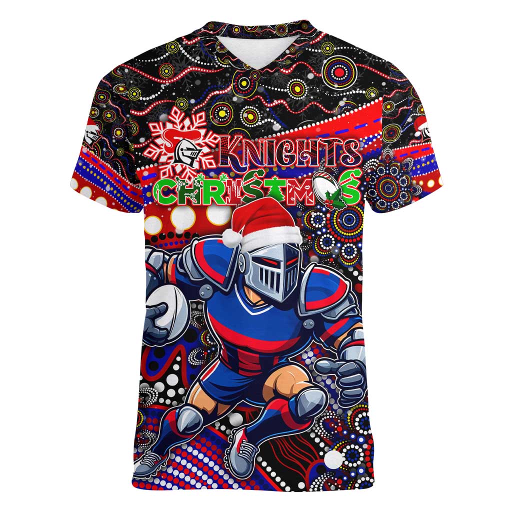 Merry Christmas Newcastle Knights Women V-Neck T-Shirt Aboriginal Santa Rugby Mascot - Novocastrians