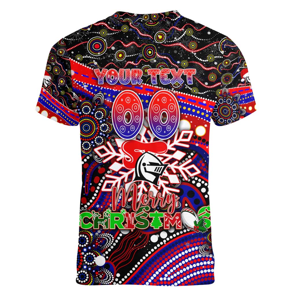 Merry Christmas Newcastle Knights Women V-Neck T-Shirt Aboriginal Santa Rugby Mascot - Novocastrians