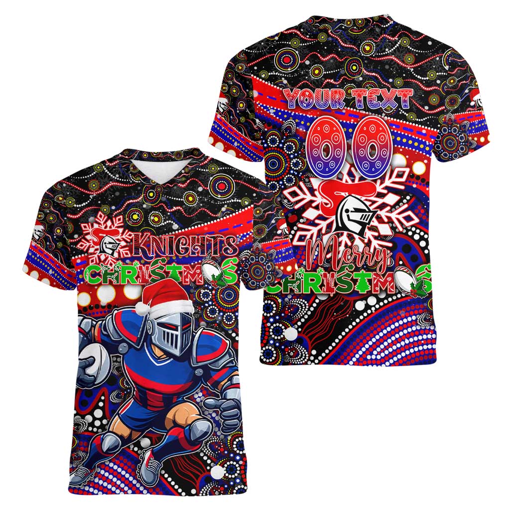 Merry Christmas Newcastle Knights Women V-Neck T-Shirt Aboriginal Santa Rugby Mascot - Novocastrians
