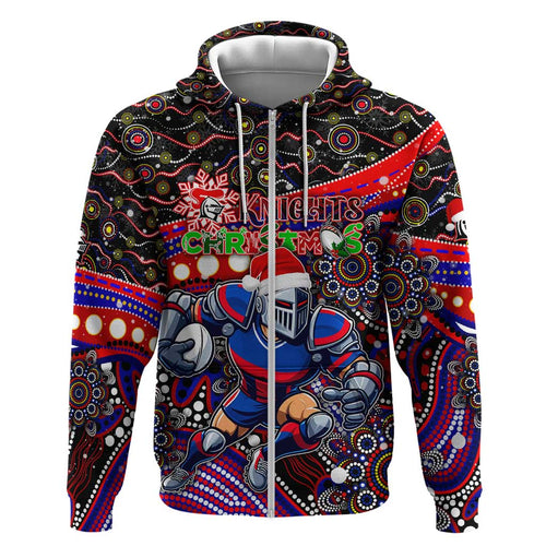 Merry Christmas Newcastle Knights Zip Hoodie Aboriginal Santa Rugby Mascot - Novocastrians
