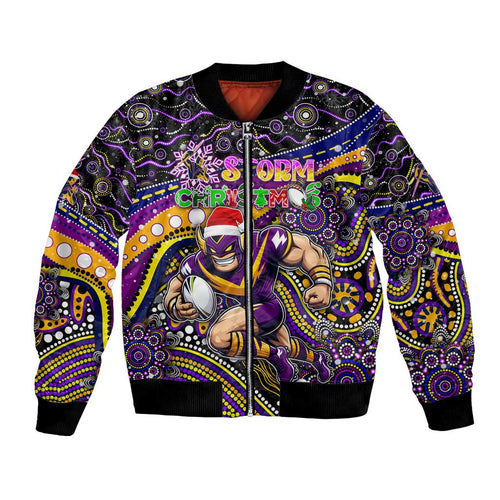 Merry Christmas Storm Bomber Jacket Aboriginal Santa Rugby Mascot - Melbourne