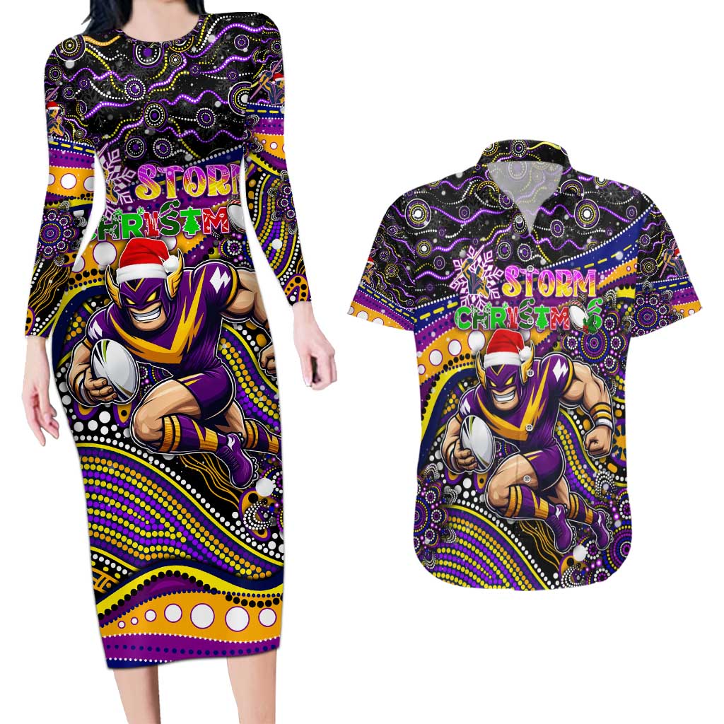 Merry Christmas Storm Couples Matching Long Sleeve Bodycon Dress and Hawaiian Shirt Aboriginal Santa Rugby Mascot - Melbourne