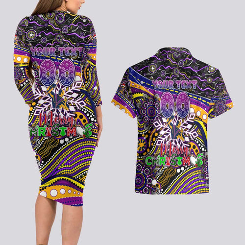 Merry Christmas Storm Couples Matching Long Sleeve Bodycon Dress and Hawaiian Shirt Aboriginal Santa Rugby Mascot - Melbourne