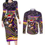 Merry Christmas Storm Couples Matching Long Sleeve Bodycon Dress and Long Sleeve Button Shirt Aboriginal Santa Rugby Mascot - Melbourne