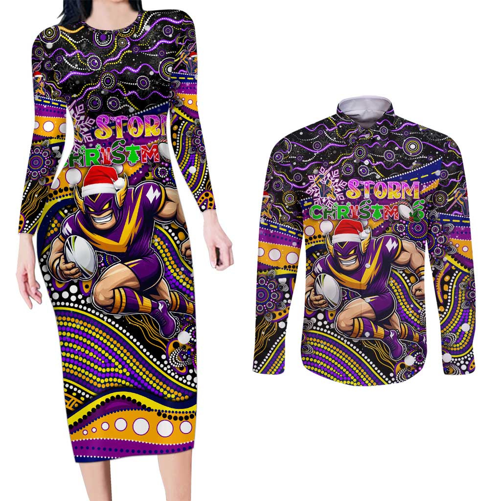Merry Christmas Storm Couples Matching Long Sleeve Bodycon Dress and Long Sleeve Button Shirt Aboriginal Santa Rugby Mascot - Melbourne