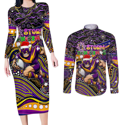 Merry Christmas Storm Couples Matching Long Sleeve Bodycon Dress and Long Sleeve Button Shirt Aboriginal Santa Rugby Mascot - Melbourne