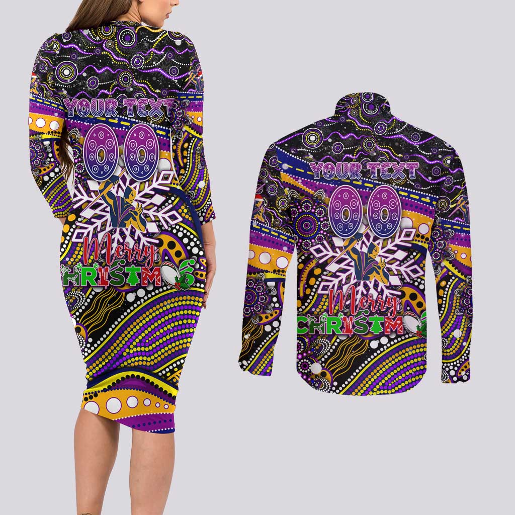 Merry Christmas Storm Couples Matching Long Sleeve Bodycon Dress and Long Sleeve Button Shirt Aboriginal Santa Rugby Mascot - Melbourne