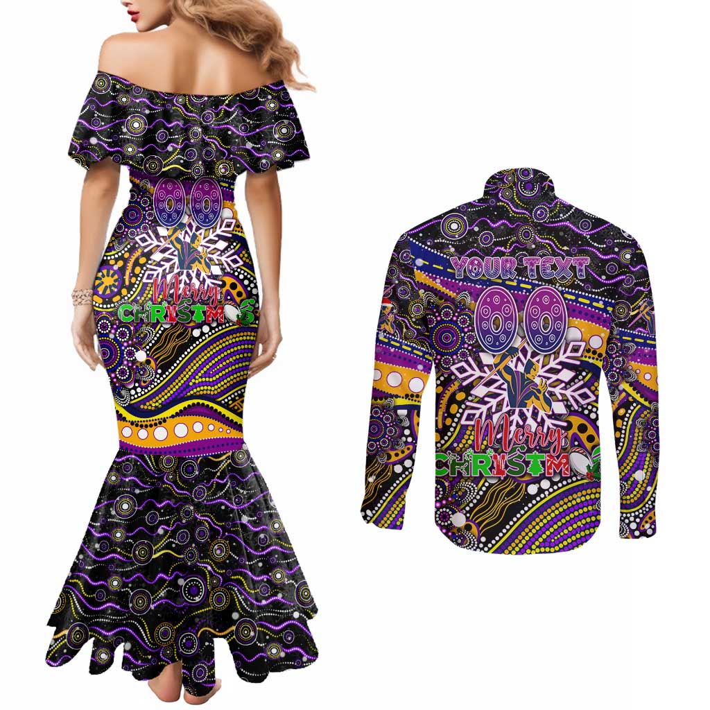 Merry Christmas Storm Couples Matching Mermaid Dress and Long Sleeve Button Shirt Aboriginal Santa Rugby Mascot - Melbourne