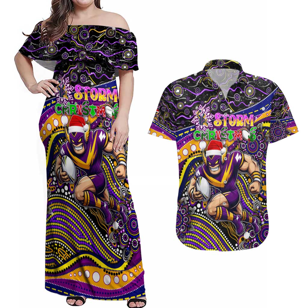Merry Christmas Storm Couples Matching Off Shoulder Maxi Dress and Hawaiian Shirt Aboriginal Santa Rugby Mascot - Melbourne