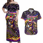 Merry Christmas Storm Couples Matching Off Shoulder Maxi Dress and Hawaiian Shirt Aboriginal Santa Rugby Mascot - Melbourne