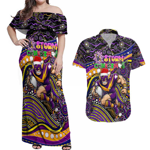 Merry Christmas Storm Couples Matching Off Shoulder Maxi Dress and Hawaiian Shirt Aboriginal Santa Rugby Mascot - Melbourne