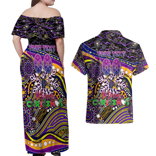 Merry Christmas Storm Couples Matching Off Shoulder Maxi Dress and Hawaiian Shirt Aboriginal Santa Rugby Mascot - Melbourne