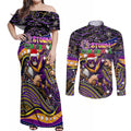 Merry Christmas Storm Couples Matching Off Shoulder Maxi Dress and Long Sleeve Button Shirt Aboriginal Santa Rugby Mascot - Melbourne