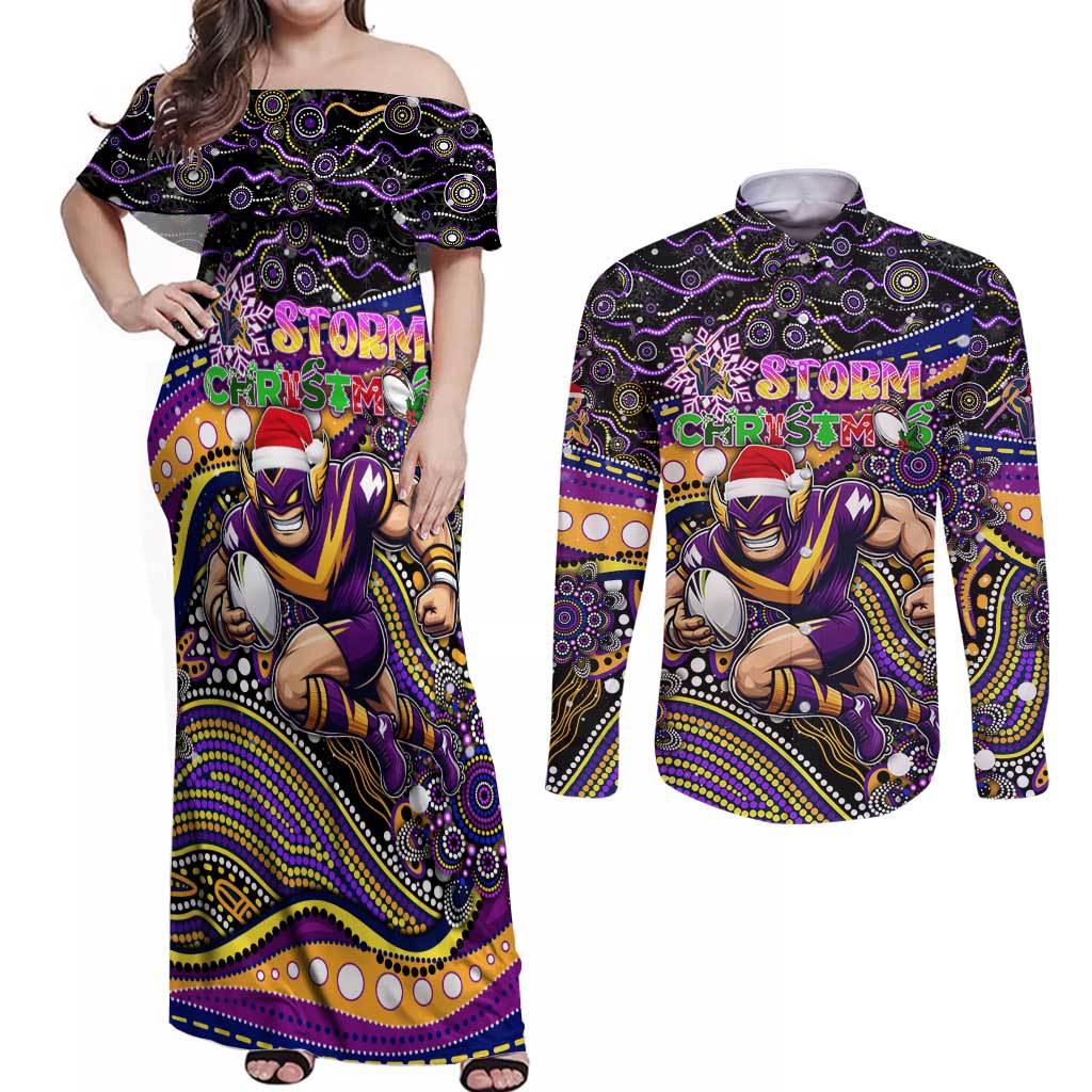 Merry Christmas Storm Couples Matching Off Shoulder Maxi Dress and Long Sleeve Button Shirt Aboriginal Santa Rugby Mascot - Melbourne