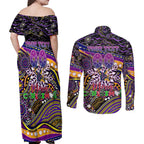 Merry Christmas Storm Couples Matching Off Shoulder Maxi Dress and Long Sleeve Button Shirt Aboriginal Santa Rugby Mascot - Melbourne