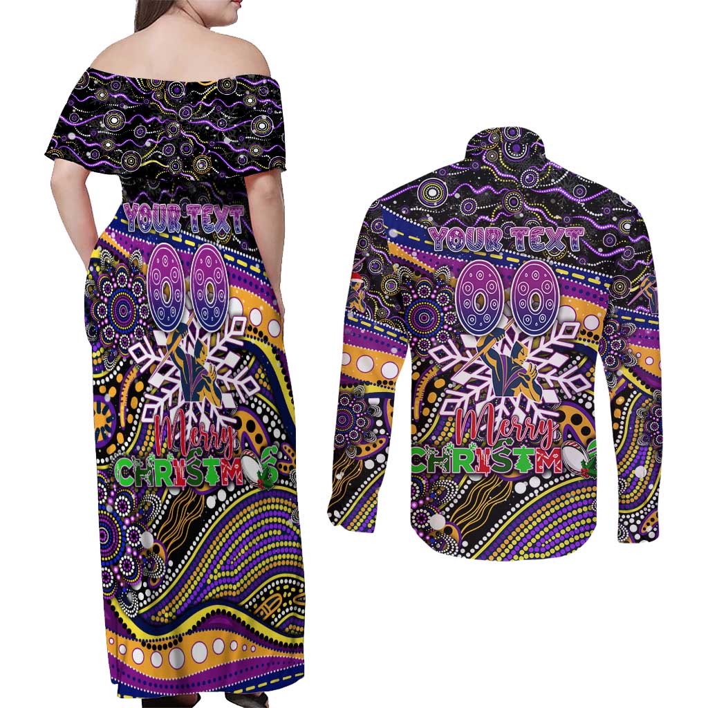 Merry Christmas Storm Couples Matching Off Shoulder Maxi Dress and Long Sleeve Button Shirt Aboriginal Santa Rugby Mascot - Melbourne