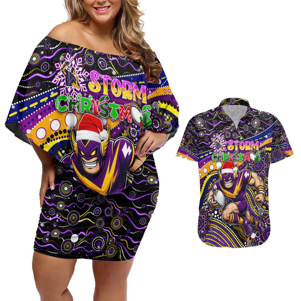 Merry Christmas Storm Couples Matching Off Shoulder Short Dress and Hawaiian Shirt Aboriginal Santa Rugby Mascot - Melbourne