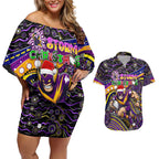 Merry Christmas Storm Couples Matching Off Shoulder Short Dress and Hawaiian Shirt Aboriginal Santa Rugby Mascot - Melbourne